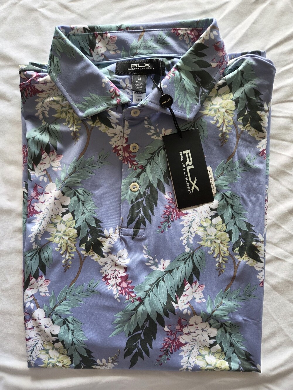 RLX Ralph Lauren Mens Floral Performance Golf Polo Shirt Blue Stretch NWT | XL |